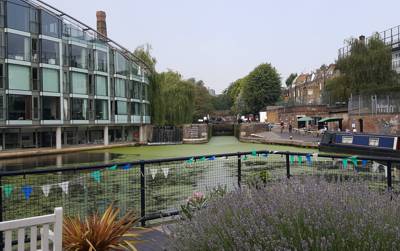 City road lock from the east with glass and steel modern building to the left